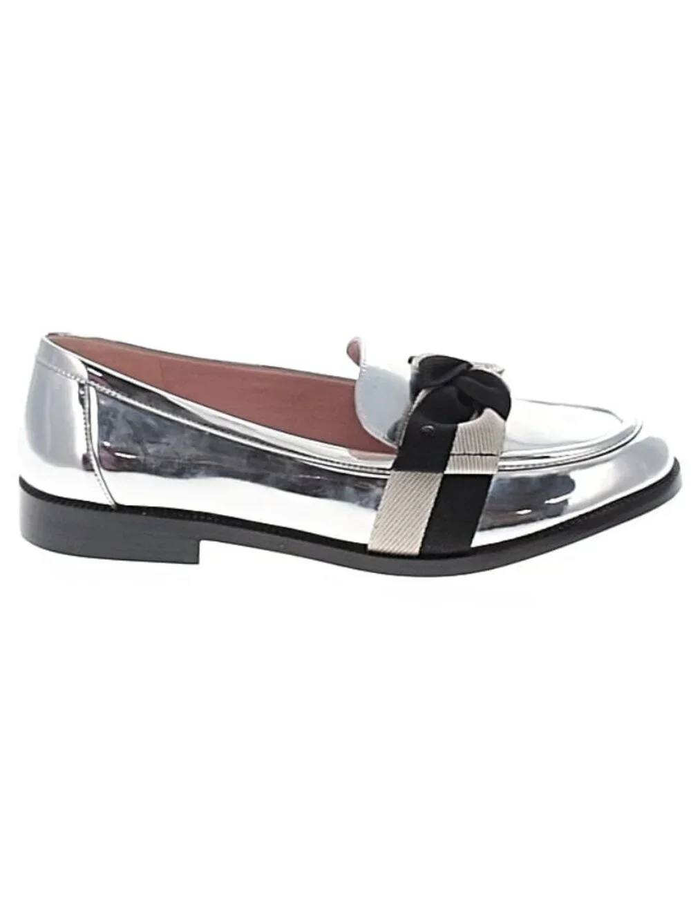 kate spade Silver Leandra Chrome w/Black & Gray Bow Loafers Size 9M